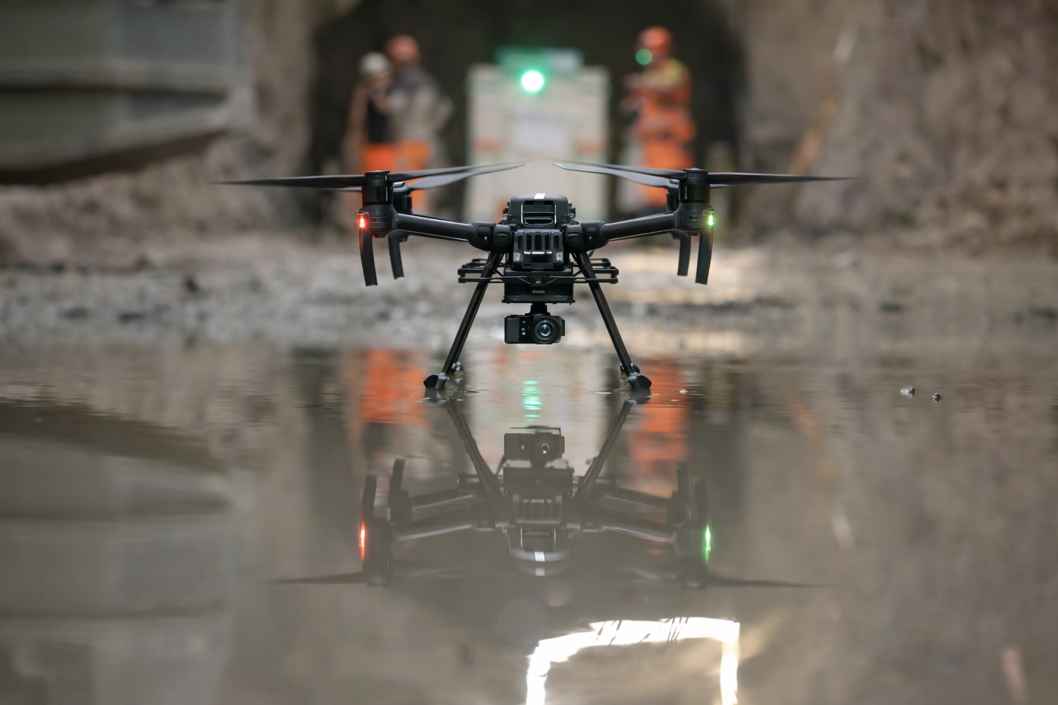 Drone hovering over water in mine